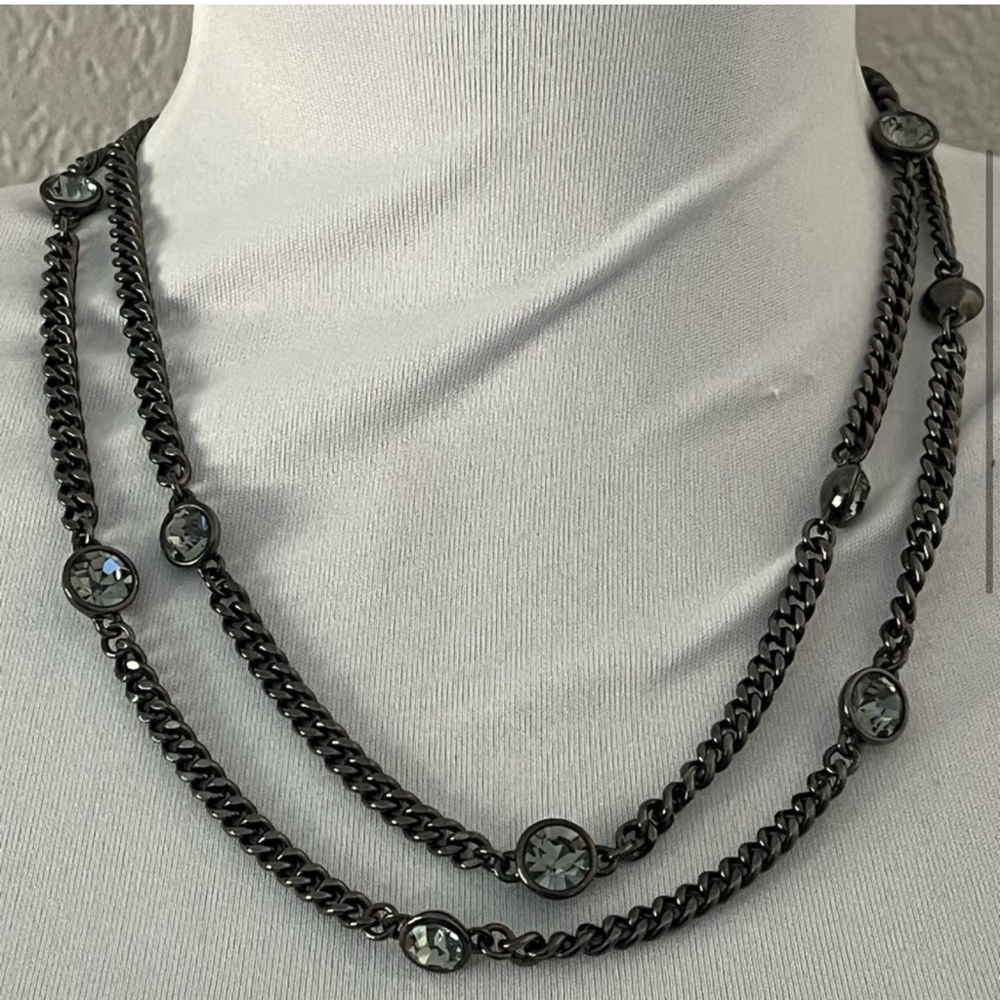 Givenchy Gunmetal Double Strand Necklace with Gray Crystals